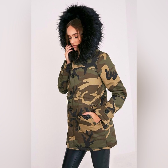 Black Faux Fur Trim Hood Army Camouflage Coat - Picture 5 of 14